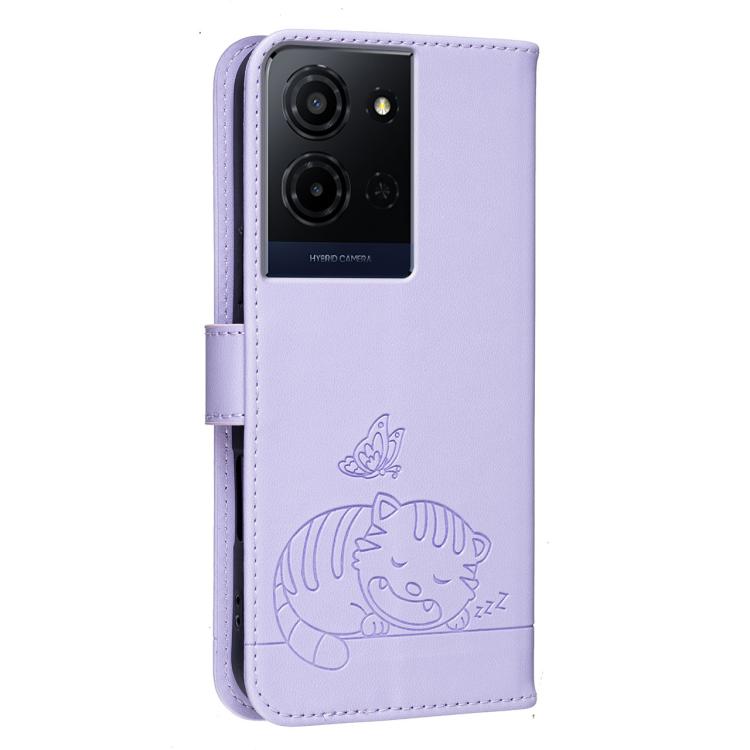For TCL K33 5G Cat Butterfly Embossed RFID Vegan Leather Phone Case with Strap