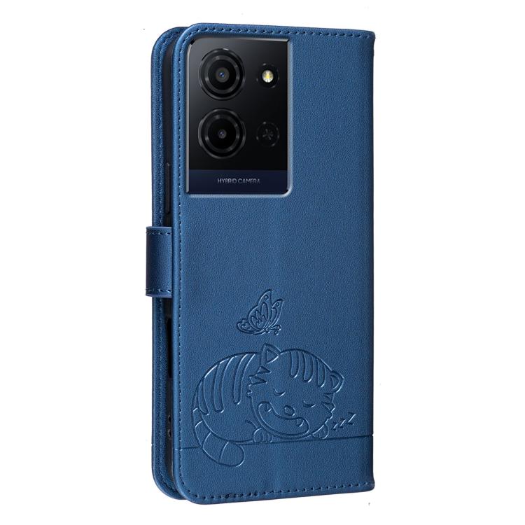 For TCL K33 5G Cat Butterfly Embossed RFID Vegan Leather Phone Case with Strap