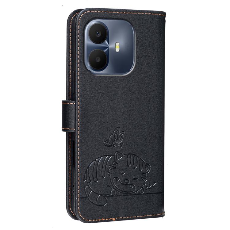 For TCL K70 4G Cat Butterfly Embossed RFID Vegan Leather Phone Case with Strap