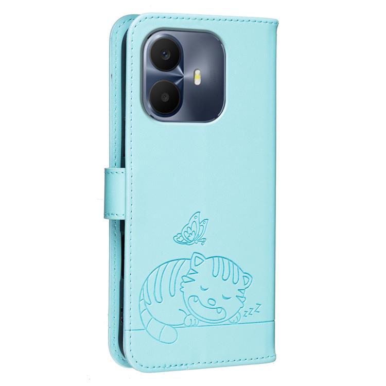 For TCL K70 4G Cat Butterfly Embossed RFID Vegan Leather Phone Case with Strap