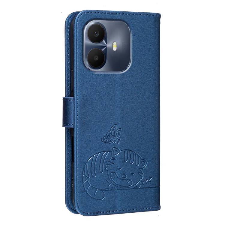 For TCL K70 4G Cat Butterfly Embossed RFID Vegan Leather Phone Case with Strap