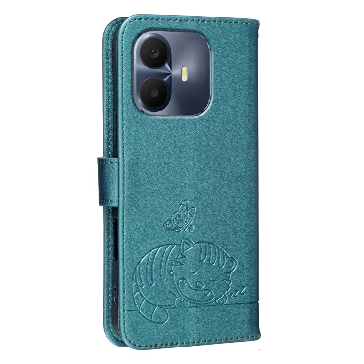 For TCL K70 4G Cat Butterfly Embossed RFID Vegan Leather Phone Case with Strap