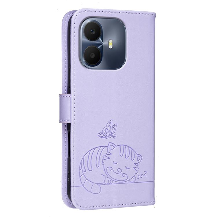 For TCL K70 Power 4G Cat Butterfly Embossed RFID Vegan Leather Phone Case with Strap