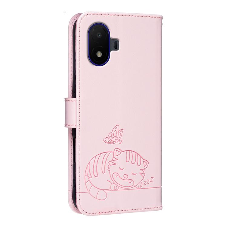 For TCL K70 SE Cat Butterfly Embossed RFID Vegan Leather Phone Case with Strap