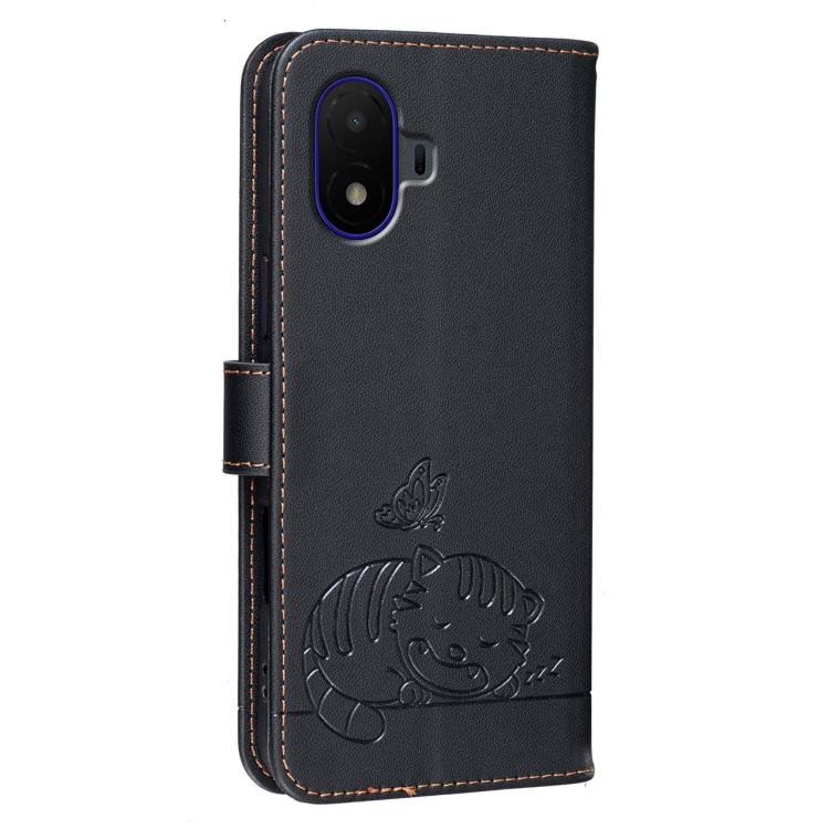 For TCL K70 SE Cat Butterfly Embossed RFID Vegan Leather Phone Case with Strap