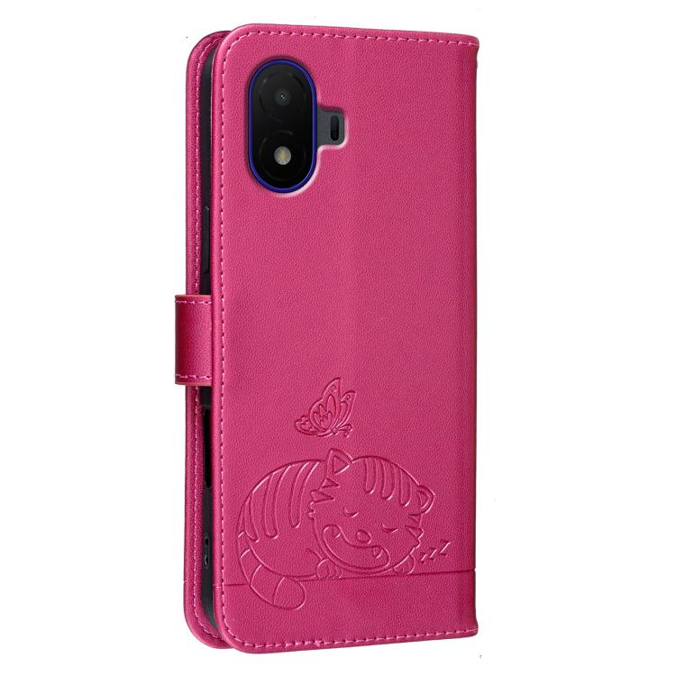 For TCL K70 SE Cat Butterfly Embossed RFID Vegan Leather Phone Case with Strap