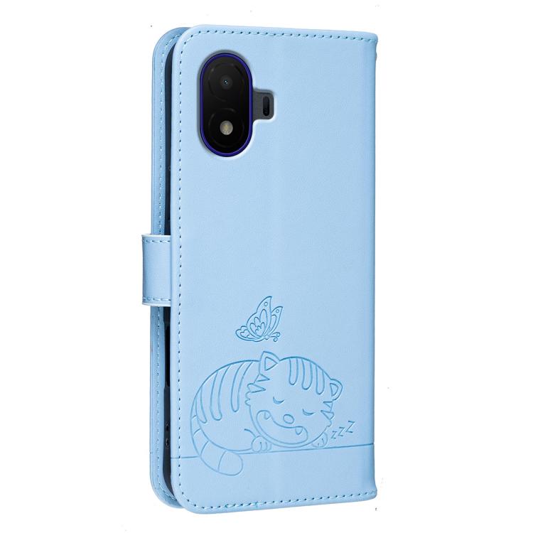 For TCL K70 SE Cat Butterfly Embossed RFID Vegan Leather Phone Case with Strap