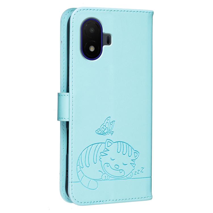 For TCL K70 SE Cat Butterfly Embossed RFID Vegan Leather Phone Case with Strap