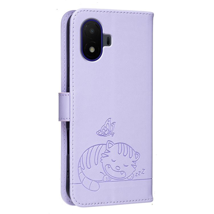 For TCL K70 SE Cat Butterfly Embossed RFID Vegan Leather Phone Case with Strap
