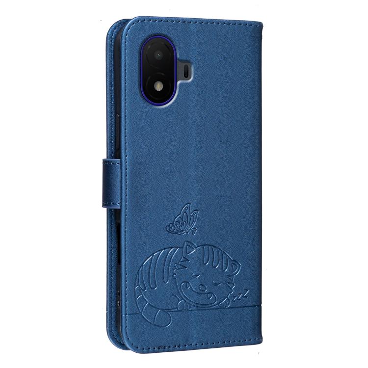 For TCL K70 SE Cat Butterfly Embossed RFID Vegan Leather Phone Case with Strap