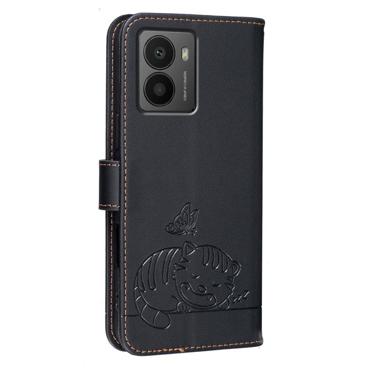 For HMD Fusion Cat Butterfly Embossed RFID Vegan Leather Phone Case with Strap