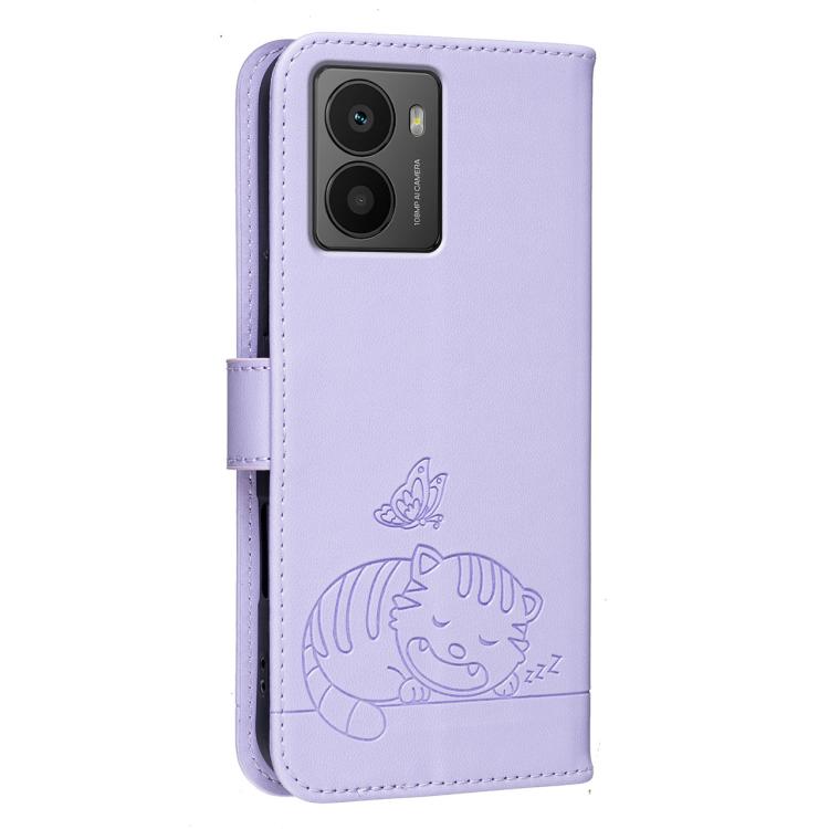 For HMD Fusion Cat Butterfly Embossed RFID Vegan Leather Phone Case with Strap