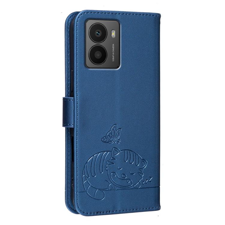 For HMD Fusion Cat Butterfly Embossed RFID Vegan Leather Phone Case with Strap