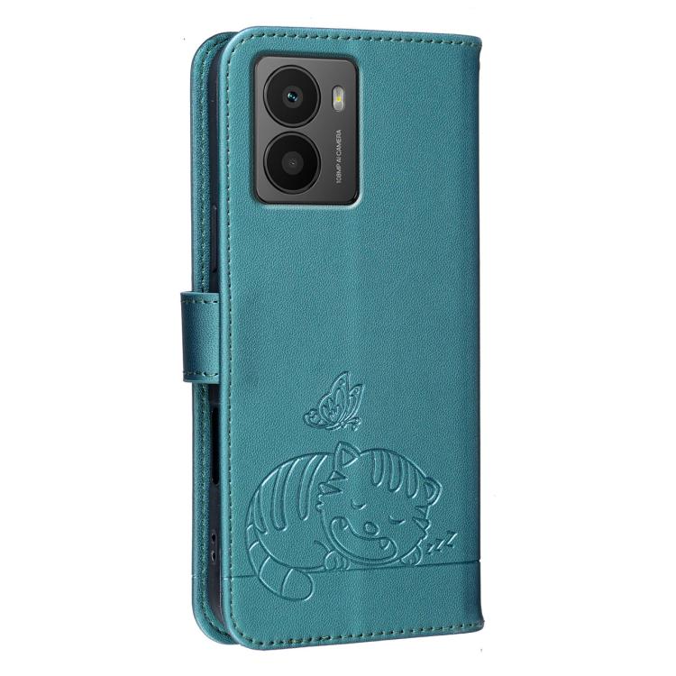 For HMD Fusion Cat Butterfly Embossed RFID Vegan Leather Phone Case with Strap