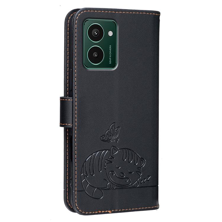 For HMD Pulse Pro / Pulse / Pro+ Cat Butterfly Embossed RFID Vegan Leather Phone Case with Strap