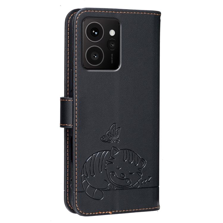 For HMD Skyline Cat Butterfly Embossed RFID Vegan Leather Phone Case with Strap