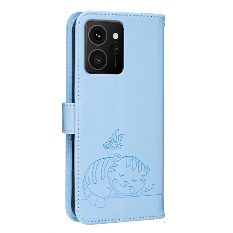 For HMD Skyline Cat Butterfly Embossed RFID Vegan Leather Phone Case with Strap