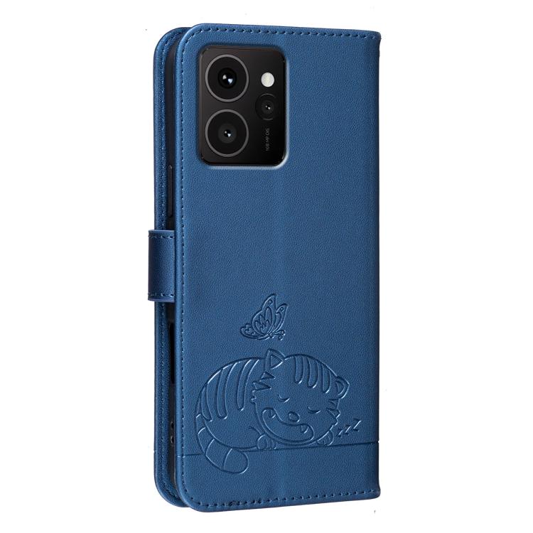 For HMD Skyline Cat Butterfly Embossed RFID Vegan Leather Phone Case with Strap