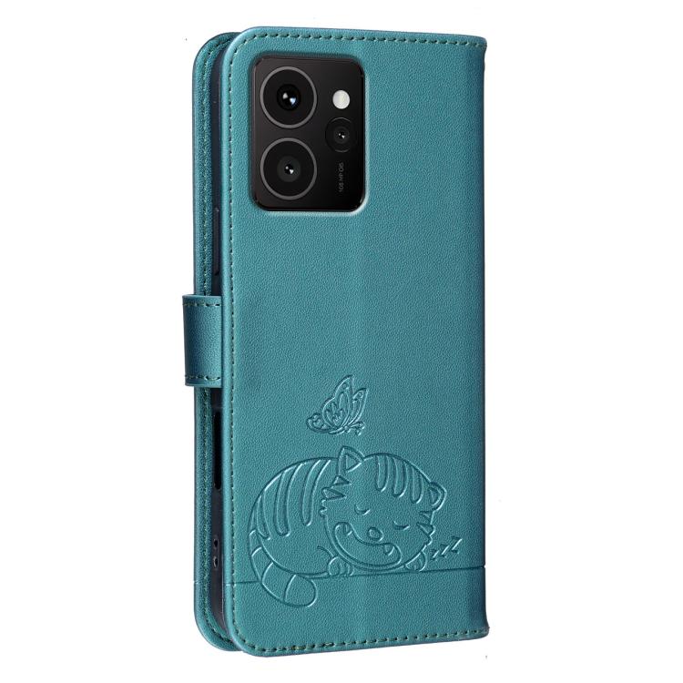 For HMD Skyline Cat Butterfly Embossed RFID Vegan Leather Phone Case with Strap