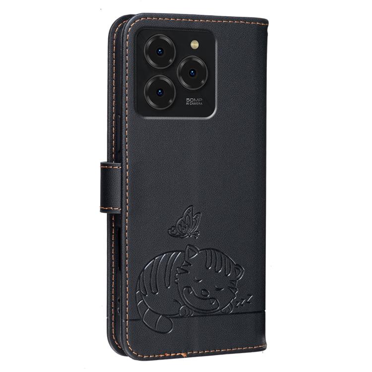 For Ulefone Note 20 Pro Cat Butterfly Embossed RFID Vegan Leather Phone Case with Strap