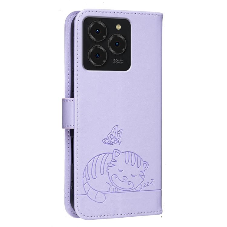 For Ulefone Note 20 Pro Cat Butterfly Embossed RFID Vegan Leather Phone Case with Strap