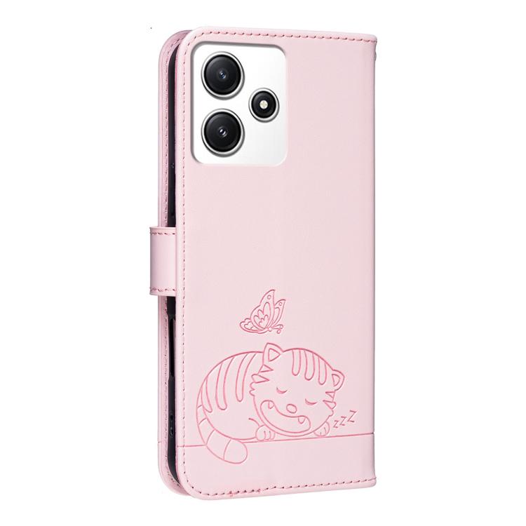 For Redmi 12 4G / 5G Cat Butterfly Embossed RFID Vegan Leather Phone Case with Strap