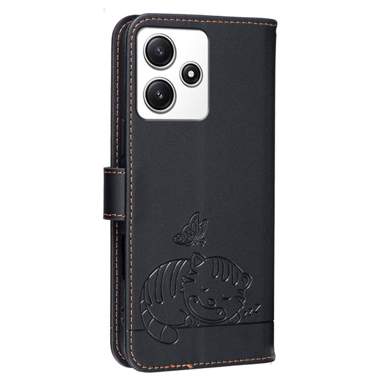 For Redmi 12 4G / 5G Cat Butterfly Embossed RFID Vegan Leather Phone Case with Strap