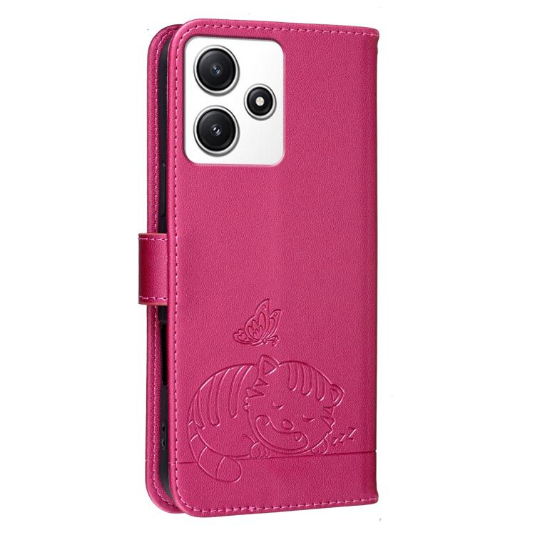 For Redmi 12 4G / 5G Cat Butterfly Embossed RFID Vegan Leather Phone Case with Strap