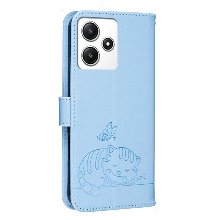 For Redmi 12 4G / 5G Cat Butterfly Embossed RFID Vegan Leather Phone Case with Strap
