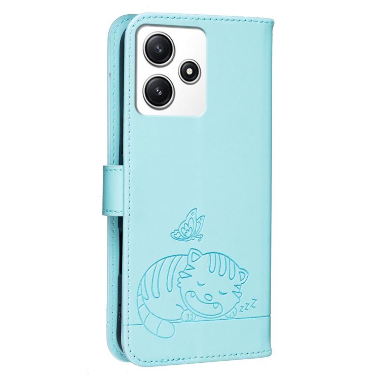 For Redmi 12 4G / 5G Cat Butterfly Embossed RFID Vegan Leather Phone Case with Strap
