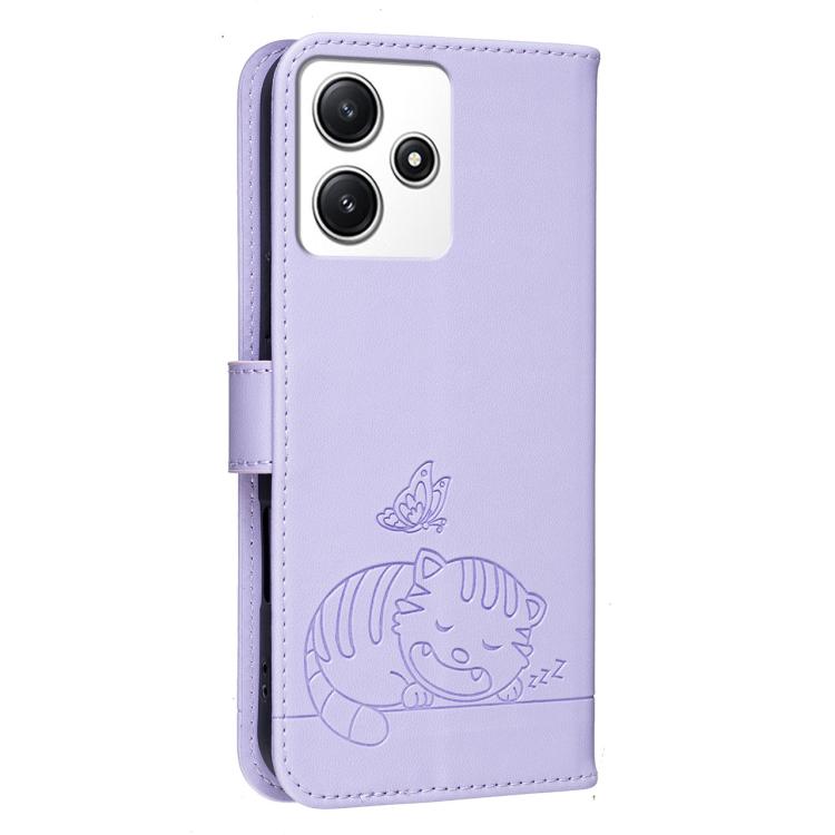 For Redmi 12 4G / 5G Cat Butterfly Embossed RFID Vegan Leather Phone Case with Strap