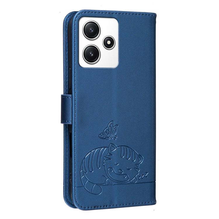 For Redmi 12 4G / 5G Cat Butterfly Embossed RFID Vegan Leather Phone Case with Strap