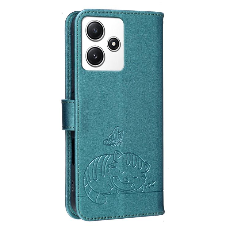 For Redmi 12 4G / 5G Cat Butterfly Embossed RFID Vegan Leather Phone Case with Strap