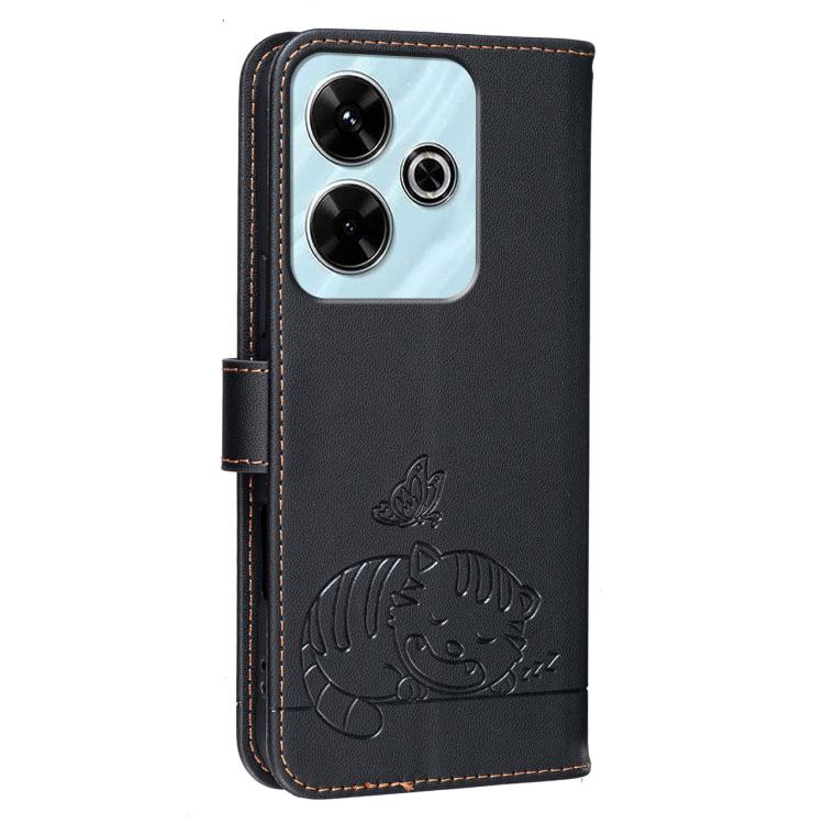 For Redmi 13 4G Cat Butterfly Embossed RFID Vegan Leather Phone Case with Strap