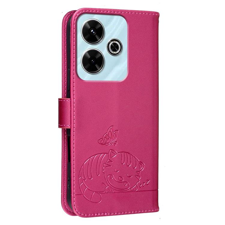 For Redmi 13 4G Cat Butterfly Embossed RFID Vegan Leather Phone Case with Strap