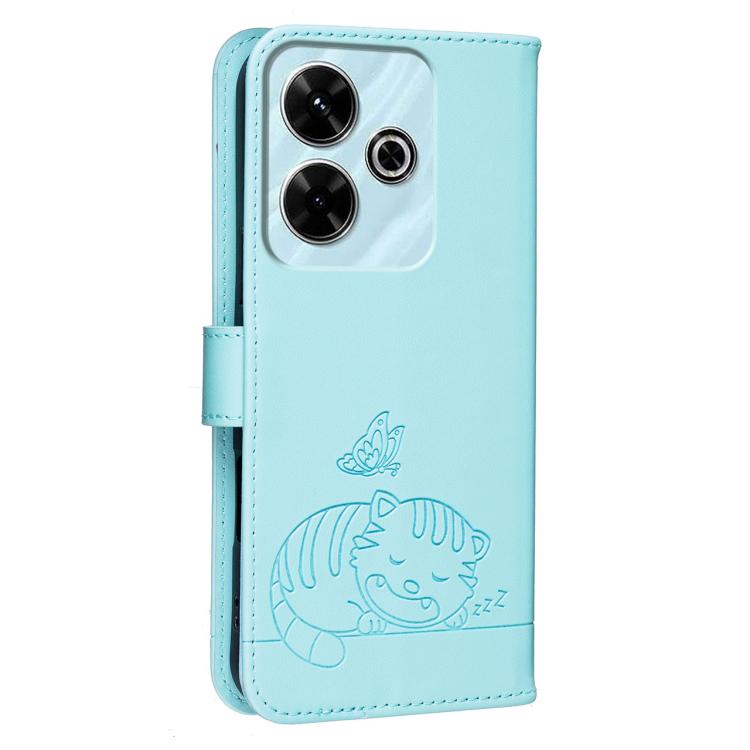 For Redmi 13 4G Cat Butterfly Embossed RFID Vegan Leather Phone Case with Strap