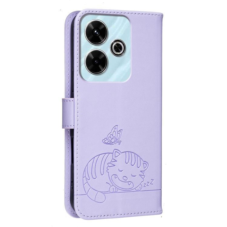 For Redmi 13 4G Cat Butterfly Embossed RFID Vegan Leather Phone Case with Strap