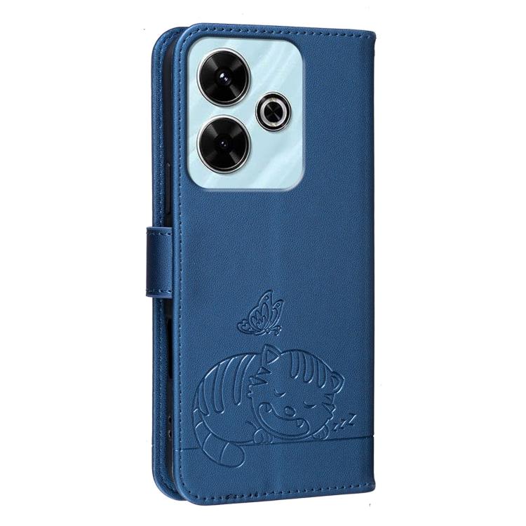 For Redmi 13 4G Cat Butterfly Embossed RFID Vegan Leather Phone Case with Strap