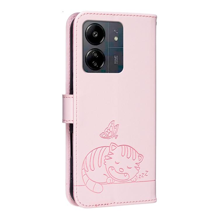 For Redmi 13C Cat Butterfly Embossed RFID Vegan Leather Phone Case with Strap