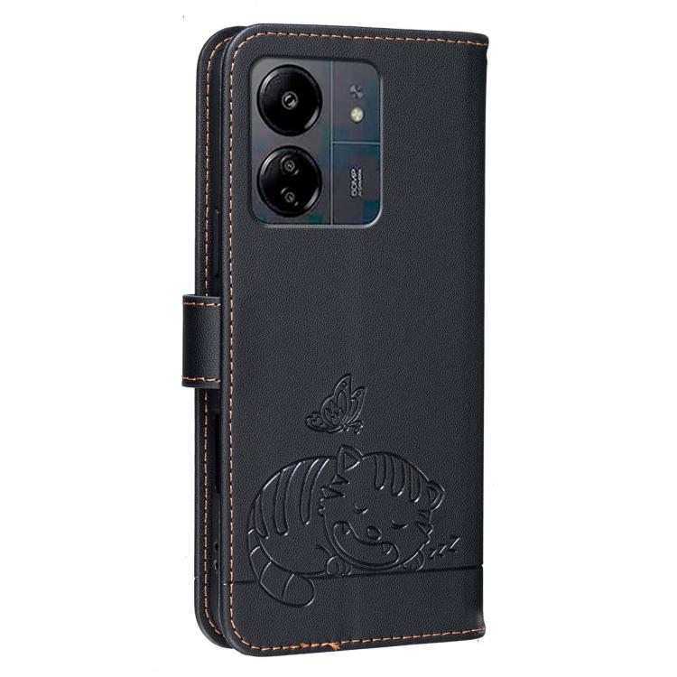 For Redmi 13C Cat Butterfly Embossed RFID Vegan Leather Phone Case with Strap