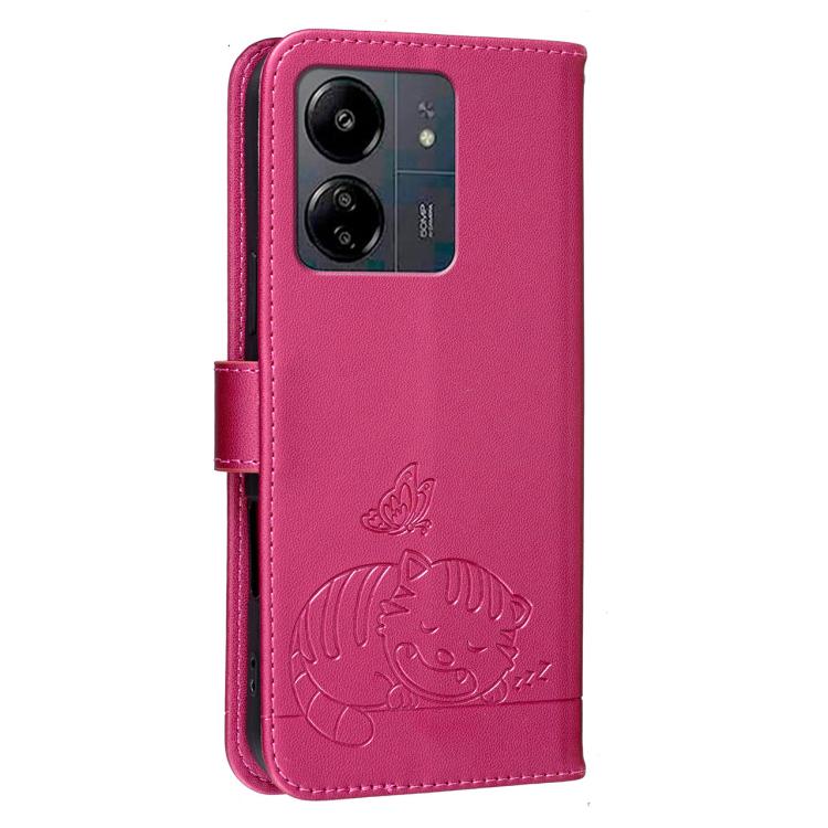 For Redmi 13C Cat Butterfly Embossed RFID Vegan Leather Phone Case with Strap