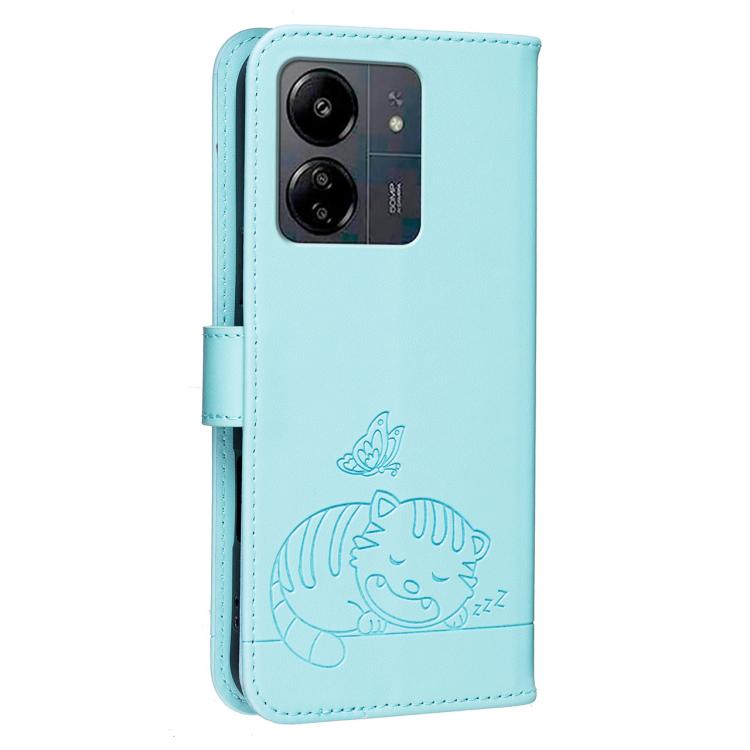 For Redmi 13C Cat Butterfly Embossed RFID Vegan Leather Phone Case with Strap