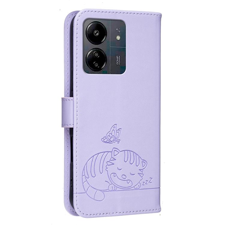 For Redmi 13C Cat Butterfly Embossed RFID Vegan Leather Phone Case with Strap