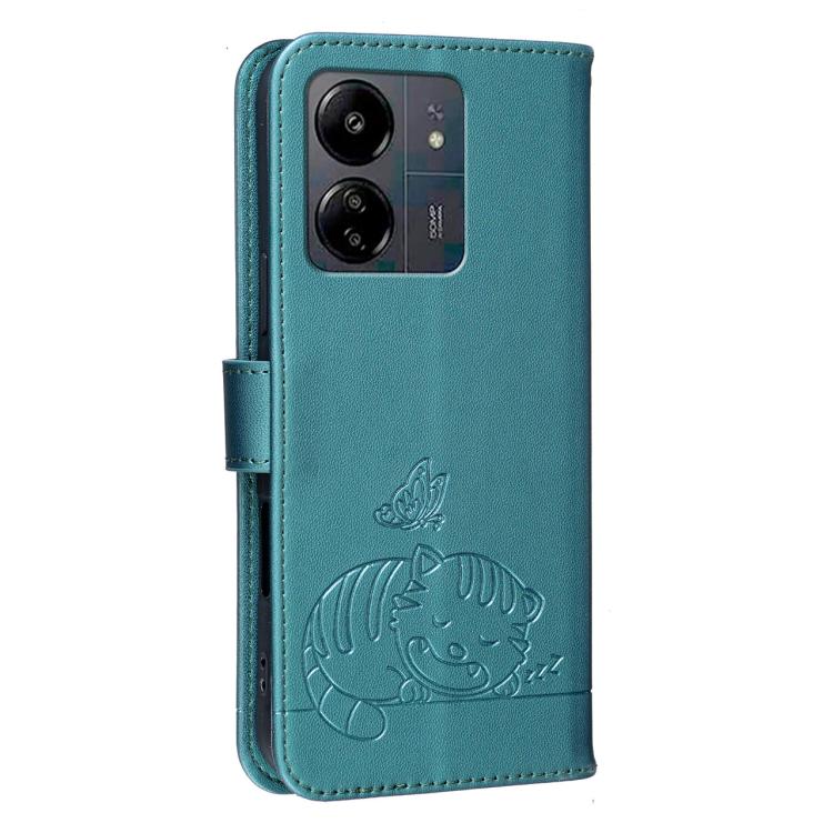 For Redmi 13C Cat Butterfly Embossed RFID Vegan Leather Phone Case with Strap