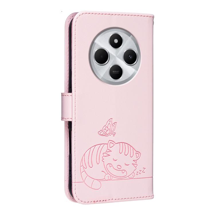 For Redmi 14C 4G Cat Butterfly Embossed RFID Vegan Leather Phone Case with Strap