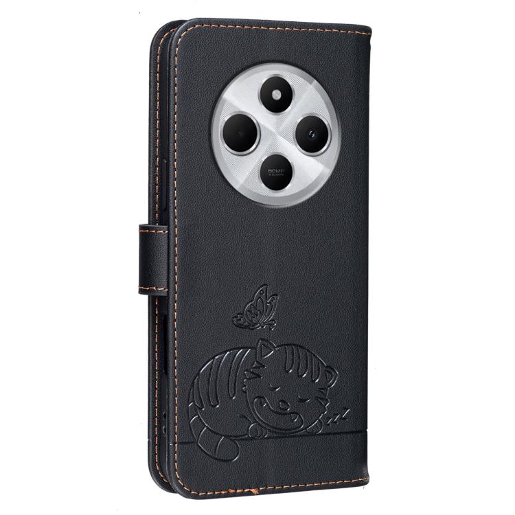 For Redmi 14C 4G Cat Butterfly Embossed RFID Vegan Leather Phone Case with Strap