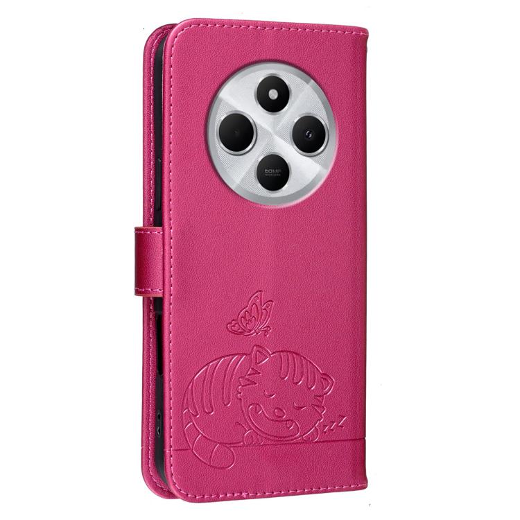 For Redmi 14C 4G Cat Butterfly Embossed RFID Vegan Leather Phone Case with Strap