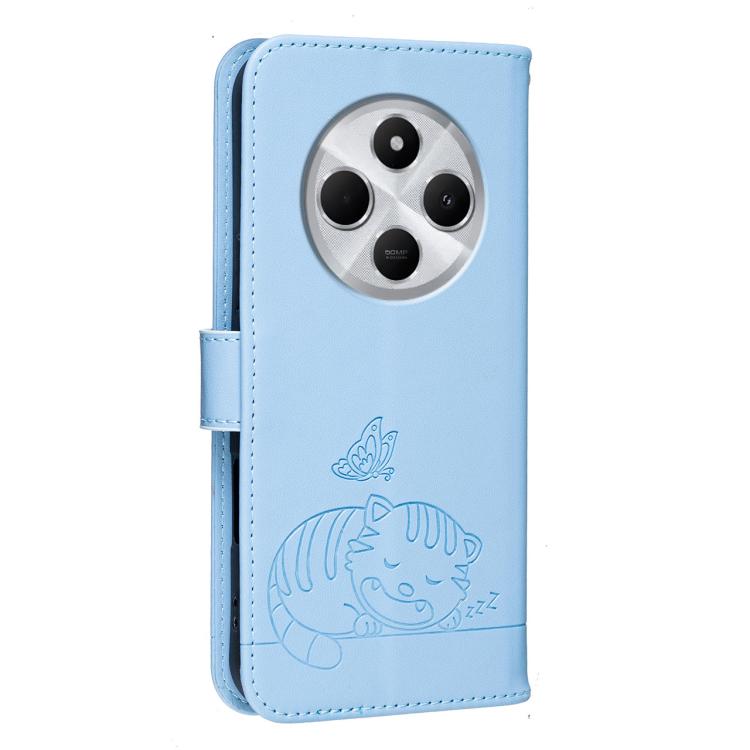 For Redmi 14C 4G Cat Butterfly Embossed RFID Vegan Leather Phone Case with Strap