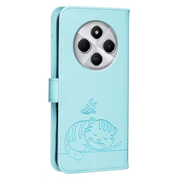 For Redmi 14C 4G Cat Butterfly Embossed RFID Vegan Leather Phone Case with Strap