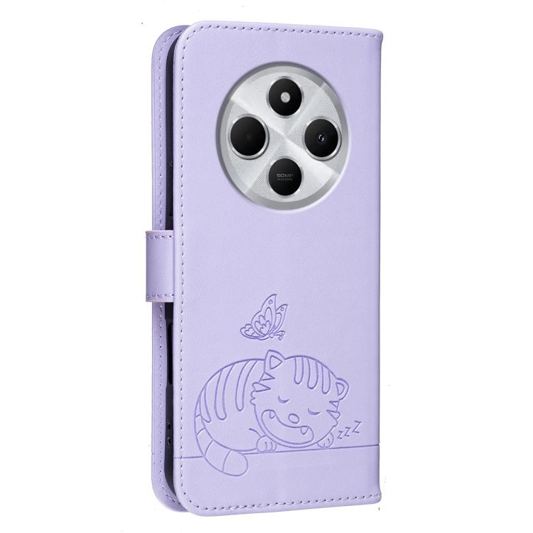 For Redmi 14C 4G Cat Butterfly Embossed RFID Vegan Leather Phone Case with Strap